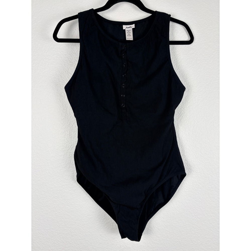 Andie Swim The Malibu One Piece Ribbed Swimsuit Bathing Suit Black Large